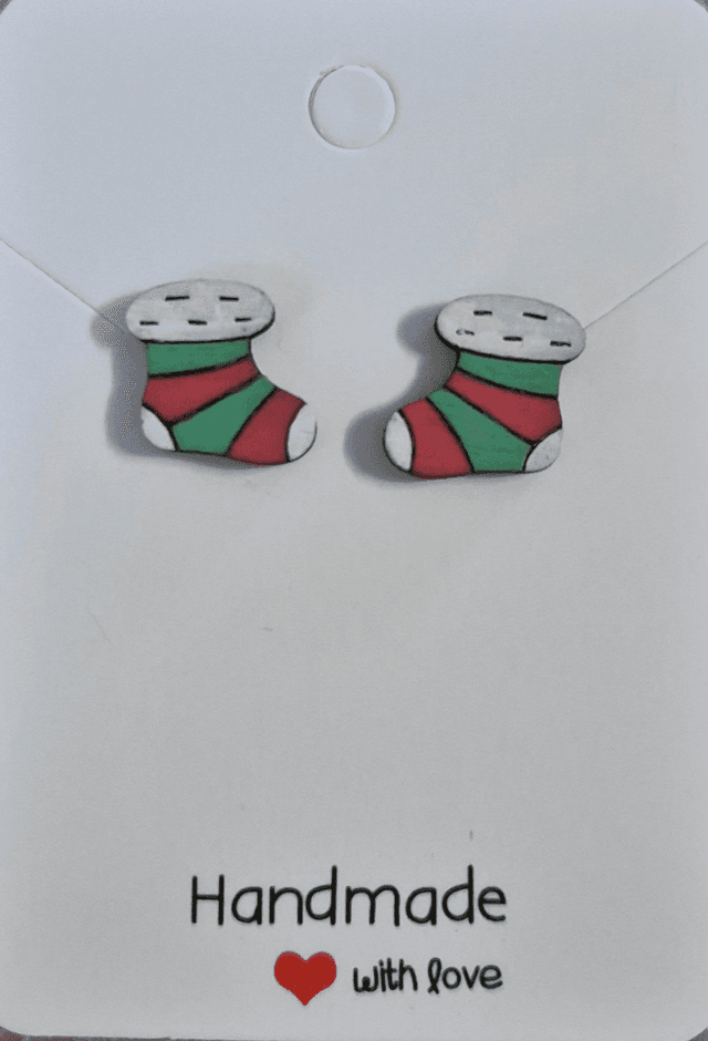 Christmas Stocking Wooden Stud Earrings   