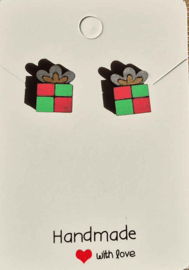 Christmas Present Shaped Wooden Stud Earrings 