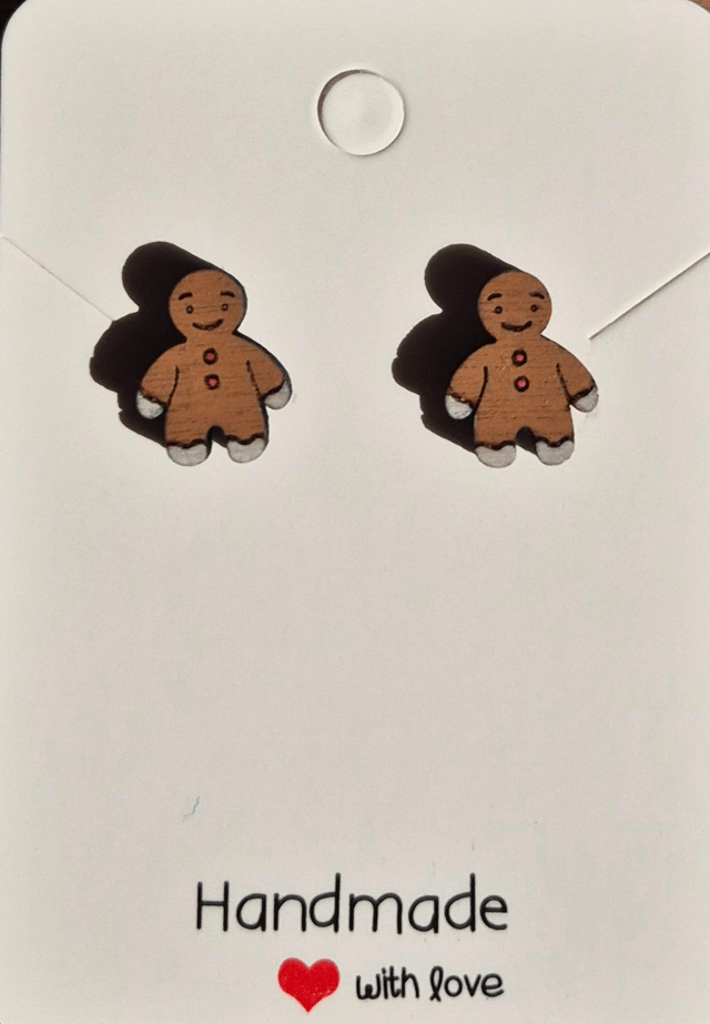 Gingerbread Man Shaped Wooden Stud Earrings