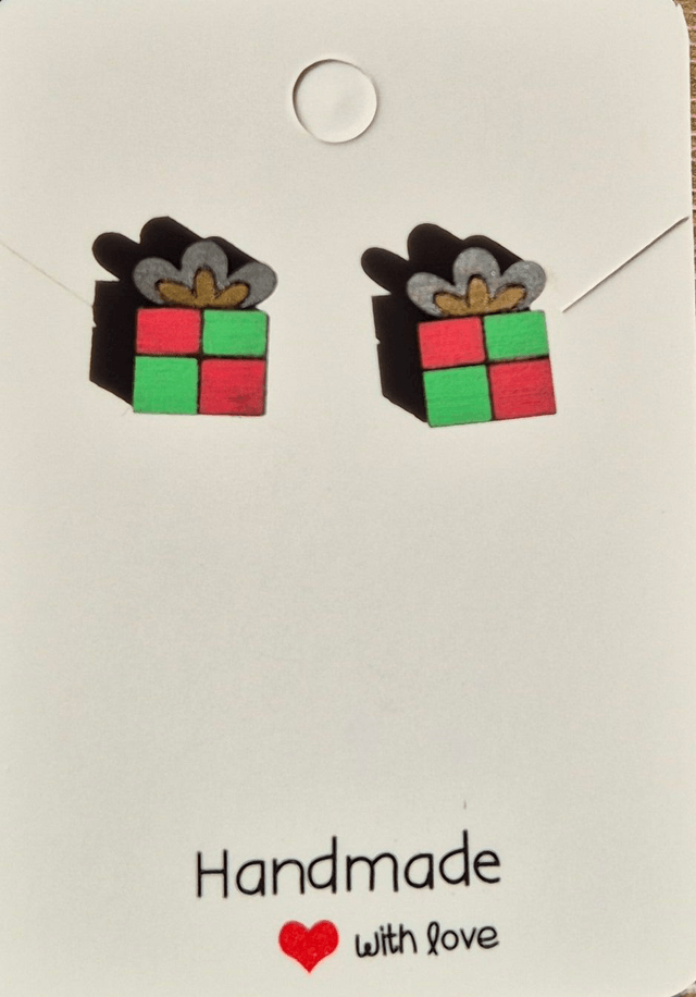 Christmas Present Shaped Wooden Stud Earrings